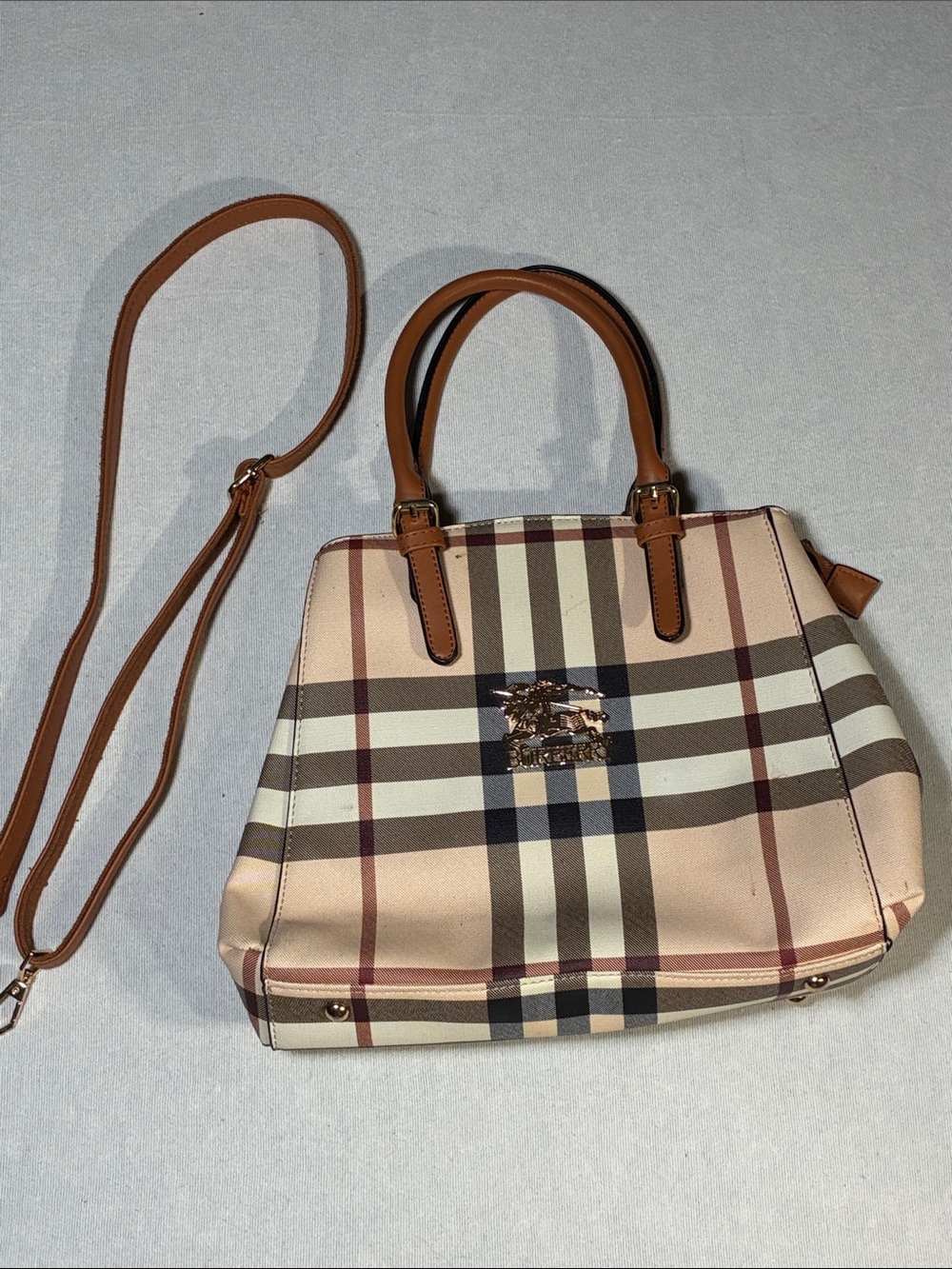Burberry Beige Plaid Satchel with Tan Leather Handles